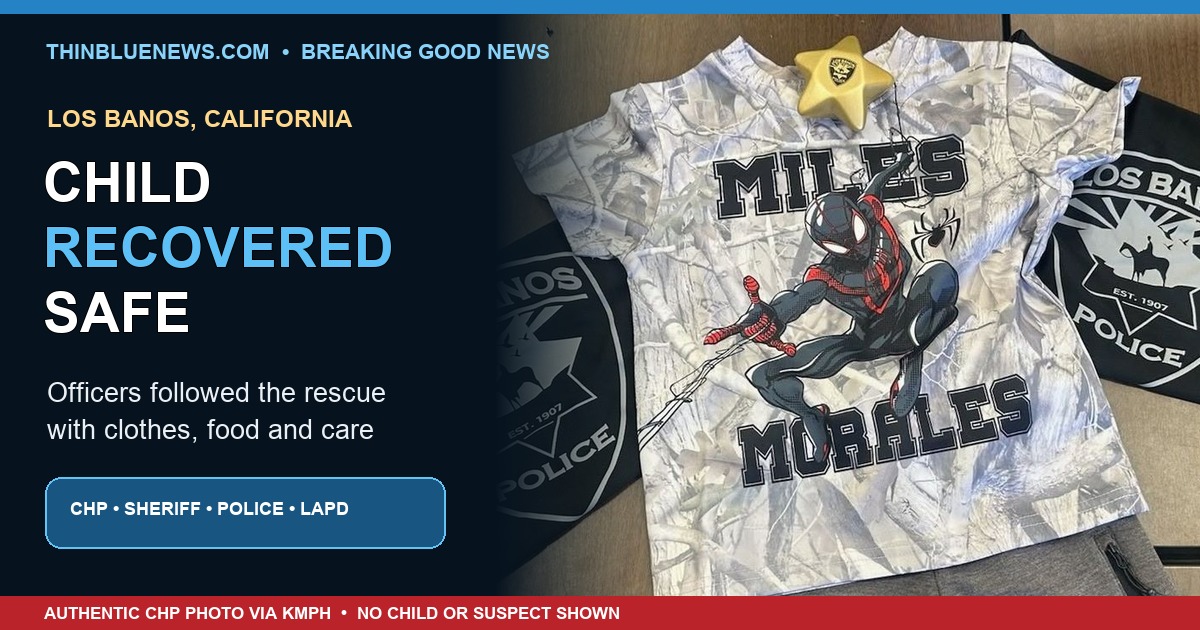 Authentic CHP-supplied photo of a Miles Morales outfit and Los Banos Police bags arranged after officers recovered an abducted 3-year-old; no child or suspect is shown.