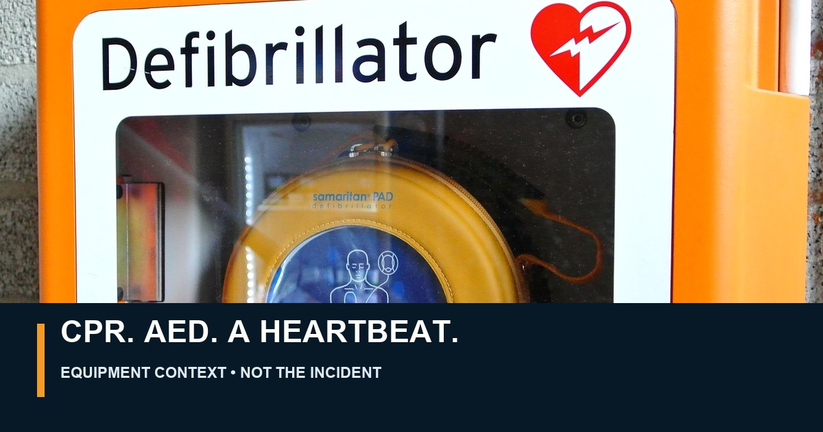 Licensed contextual photograph of an automated external defibrillator labeled CPR, AED, A Heartbeat and marked as not depicting the incident.