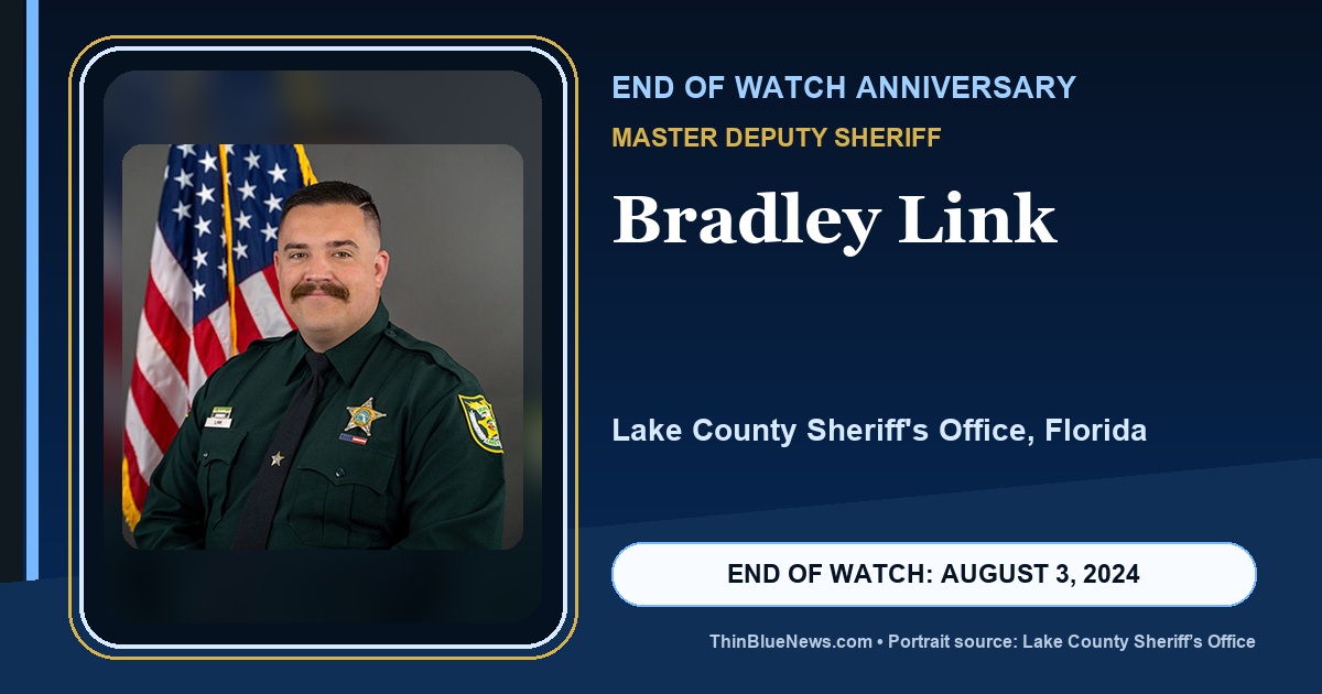 Official Lake County Sheriff's Office portrait of Master Deputy Bradley Link in a dignified ThinBlueNews End of Watch anniversary memorial design