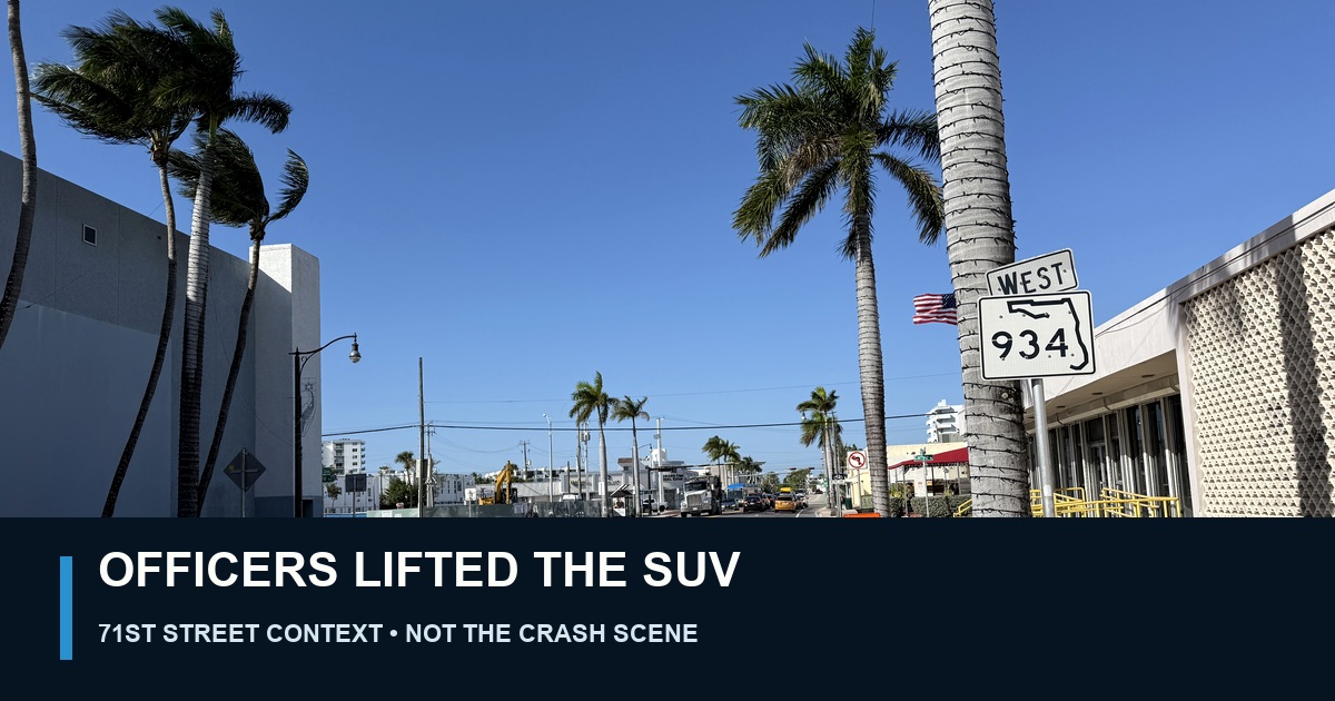 Licensed context photograph of Florida State Road 934 on 71st Street in Miami Beach, labeled Officers Lifted the SUV and clearly marked as not depicting the crash scene.