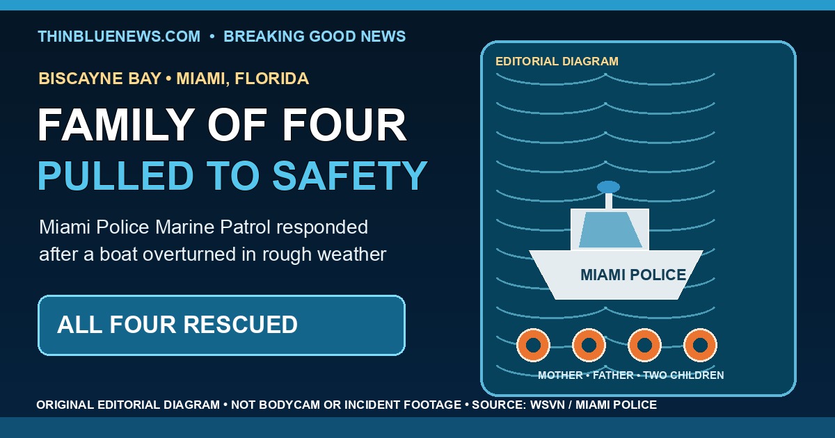 ThinBlueNews original editorial water-rescue diagram showing a simplified Miami Police patrol boat and four life rings; clearly labeled as not bodycam or incident footage.