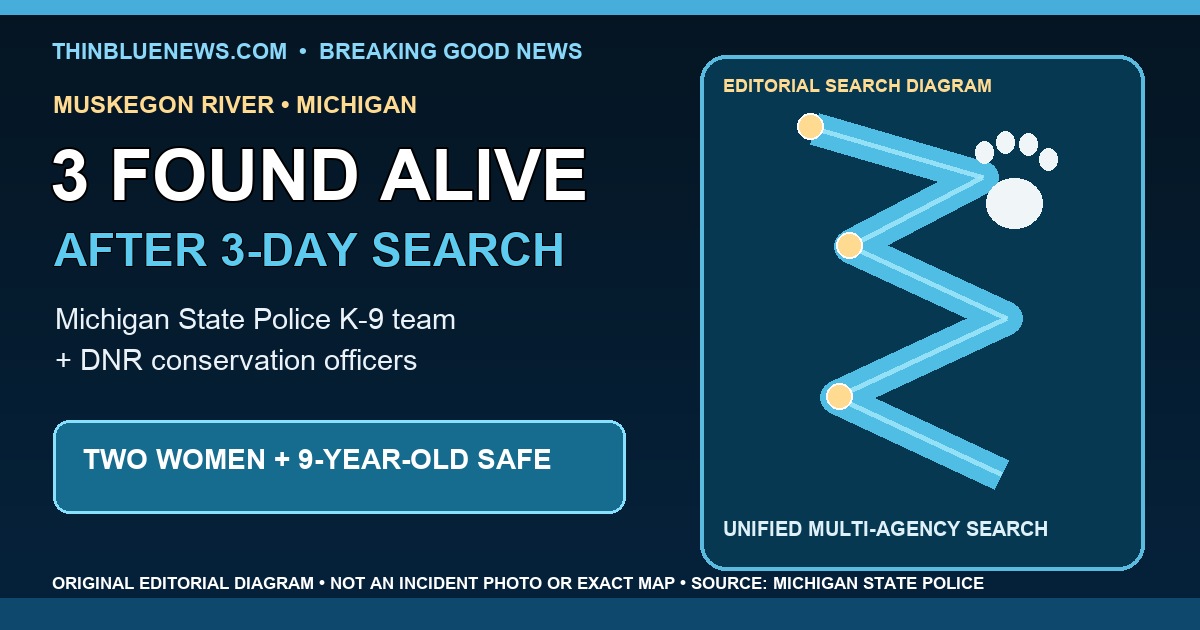 ThinBlueNews original editorial search diagram with a symbolic river path and paw icon, labeled as not an incident photo or exact map.
