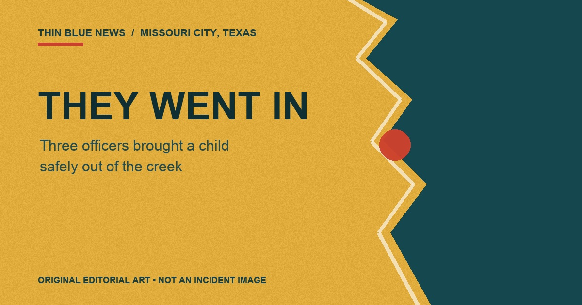ThinBlueNews original mustard-and-deep-green cut-paper editorial artwork with a creek form and the words They Went In, labeled as not an incident image.