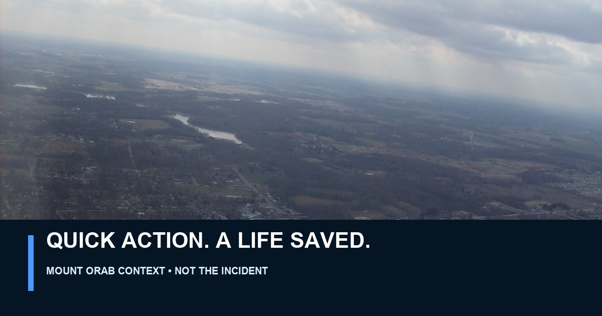 Public-domain aerial photograph of Mount Orab, Ohio, labeled Quick Action, A Life Saved and clearly marked as context rather than the incident.