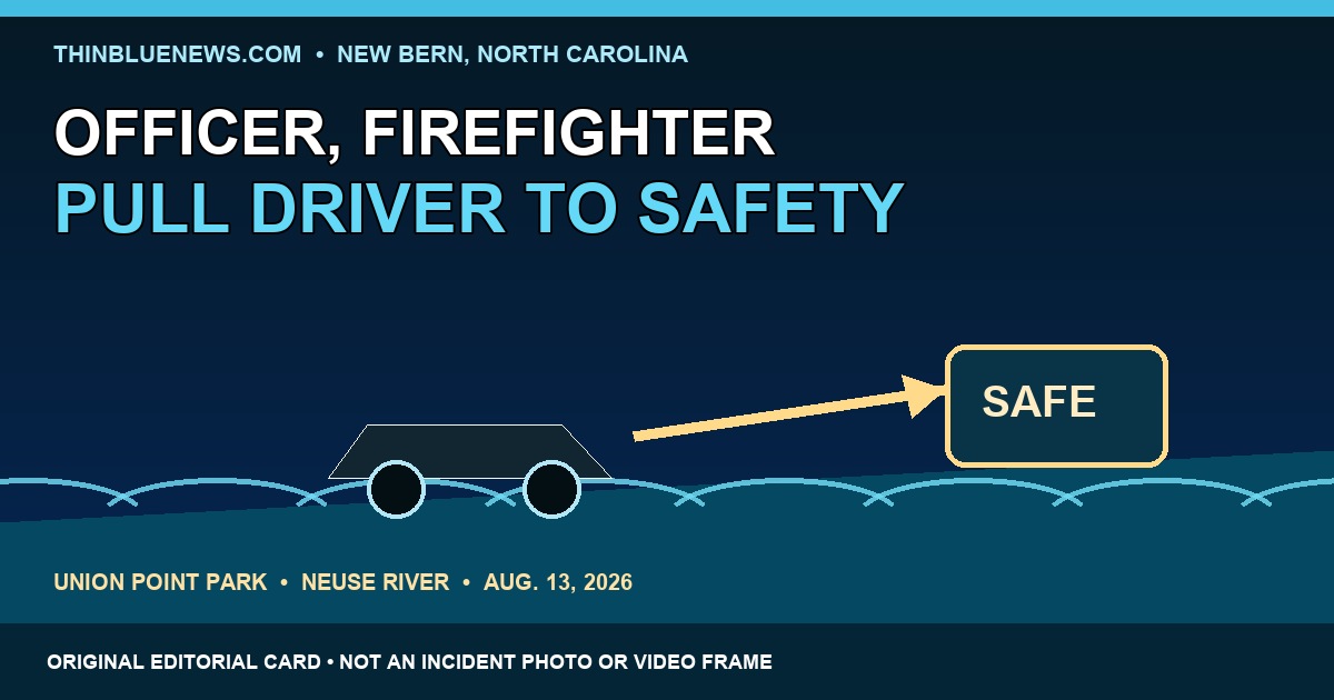 ThinBlueNews original symbolic river-rescue editorial card showing a generic submerged vehicle and route to safety, labeled as not an incident photo or video frame.