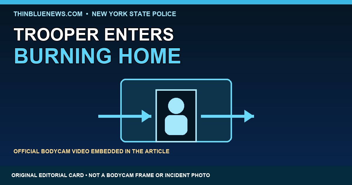 ThinBlueNews original symbolic doorway-and-rescue-route editorial card for the New York State Police Oswegatchie fire rescue, labeled as not a bodycam frame or incident photo.