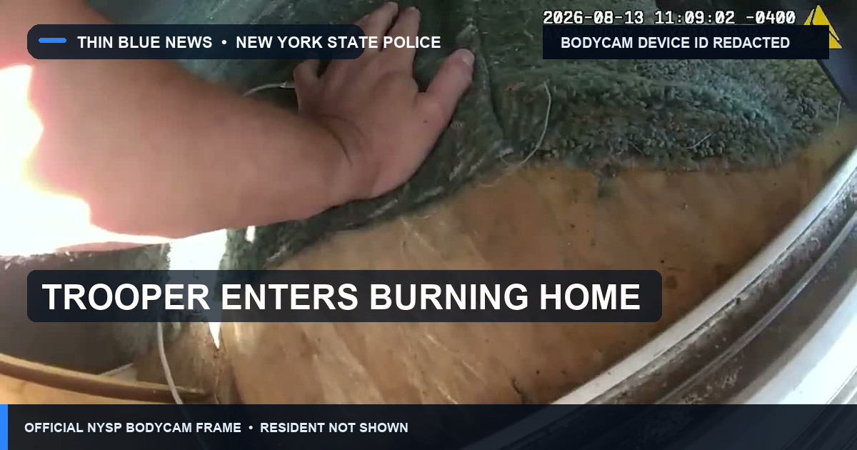 Official New York State Police body-camera video frame showing a trooper entering through a damaged window during the Oswegatchie fire rescue; resident not shown.