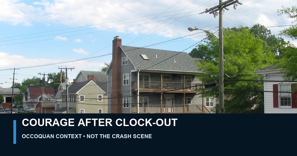 Licensed contextual photograph of downtown Occoquan, Virginia, labeled Courage After Clock-Out and clearly marked as not depicting the crash scene.