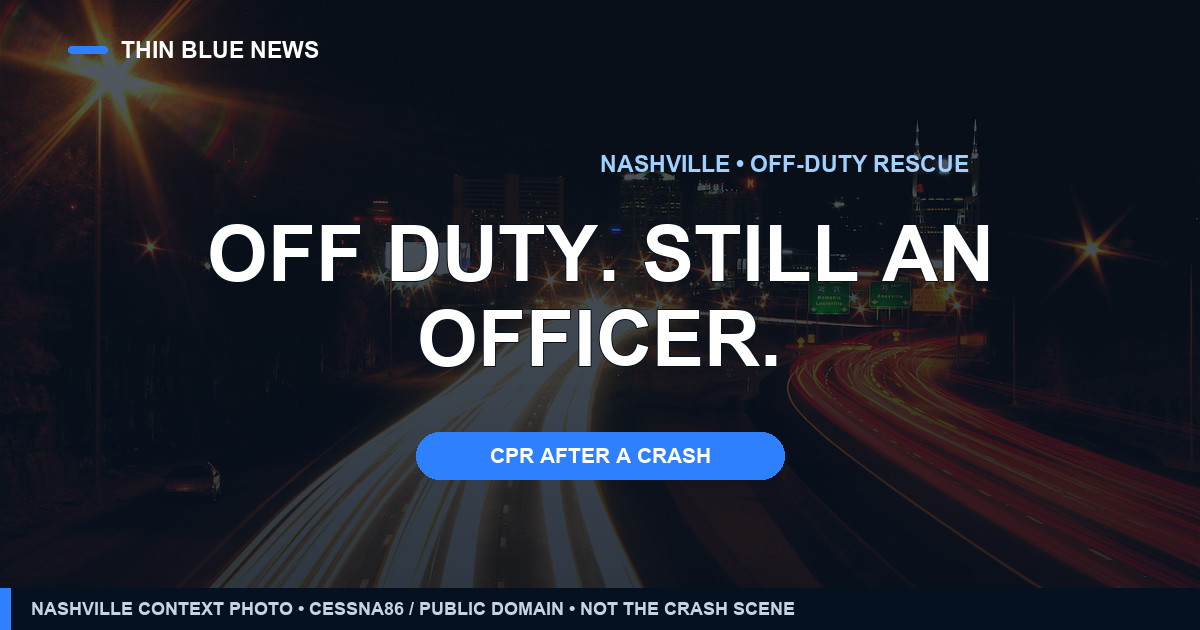 Contextual Nashville skyline at night with the headline ‘Off duty. Still an officer’; not a photograph of the reported crash or CPR response.