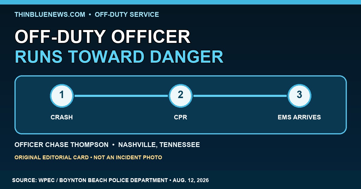 ThinBlueNews original editorial timeline card about an off-duty Boynton Beach officer providing CPR after a Nashville crash, clearly labeled as not an incident photo.