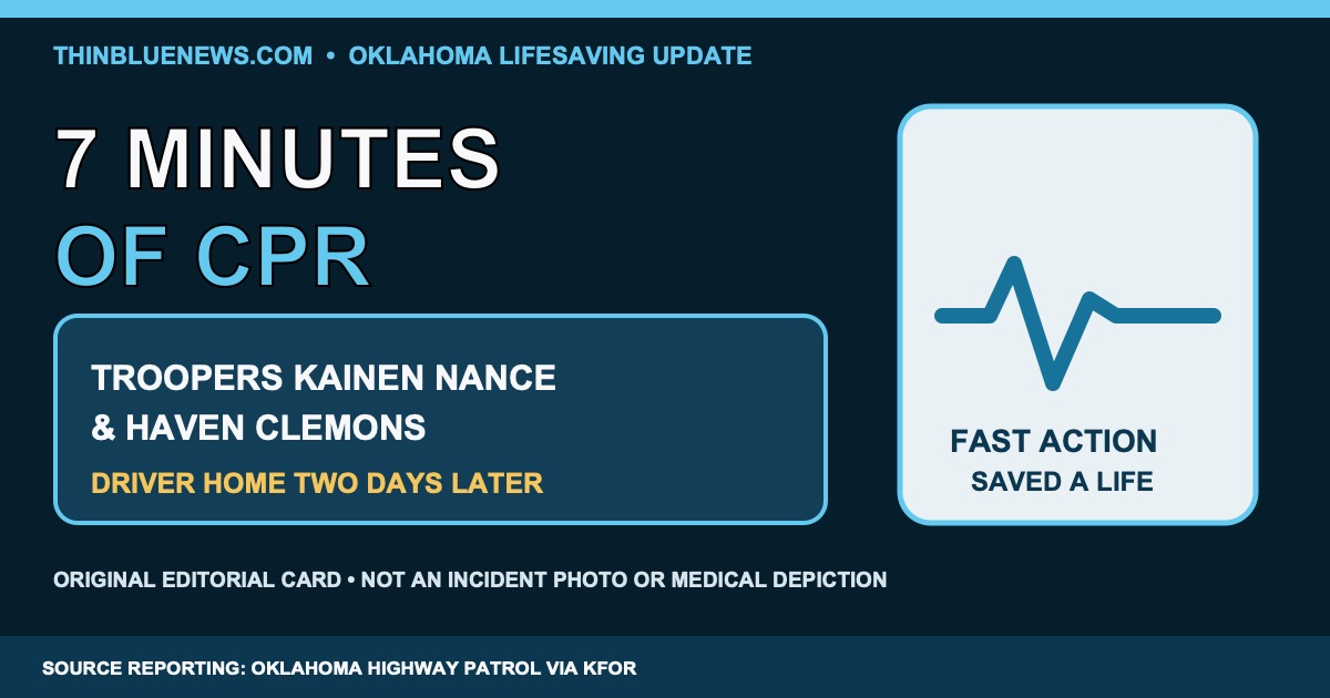 ThinBlueNews original editorial card highlighting seven minutes of CPR by Oklahoma Highway Patrol troopers Kainen Nance and Haven Clemons; not an incident photo or medical depiction.