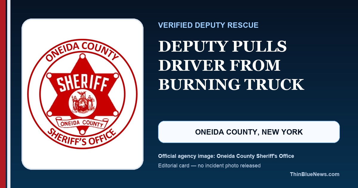 ThinBlueNews editorial card using the official Oneida County Sheriff's Office seal to report that a deputy pulled a seriously injured driver away from a burning truck; no incident photo implied