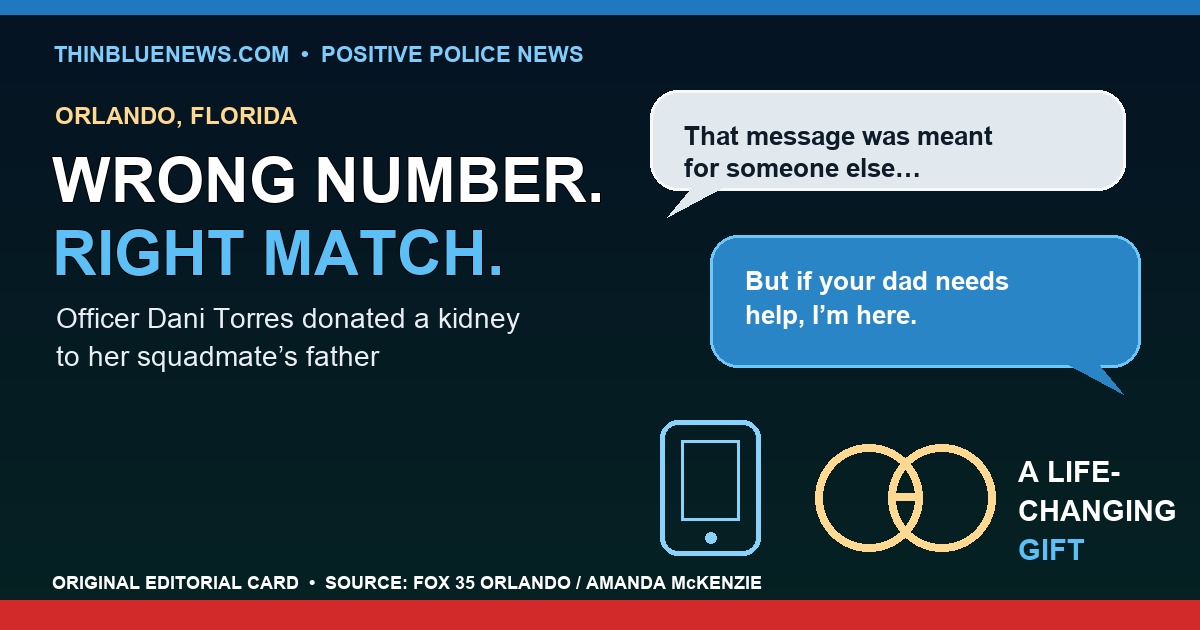 ThinBlueNews original editorial card reading Wrong number, right match, with abstract text-message and connection symbols for a story about Orlando Officer Dani Torres donating a kidney.