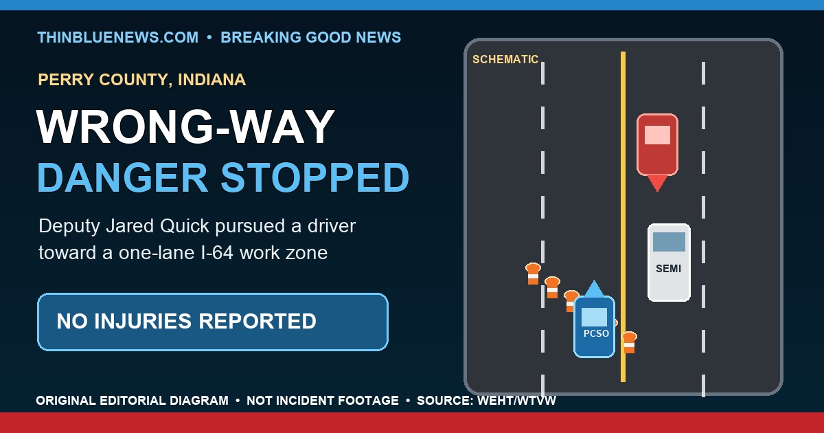 ThinBlueNews original editorial road diagram for Deputy Jared Quick's wrong-way-driver response on Interstate 64; the schematic is clearly labeled as not incident footage.