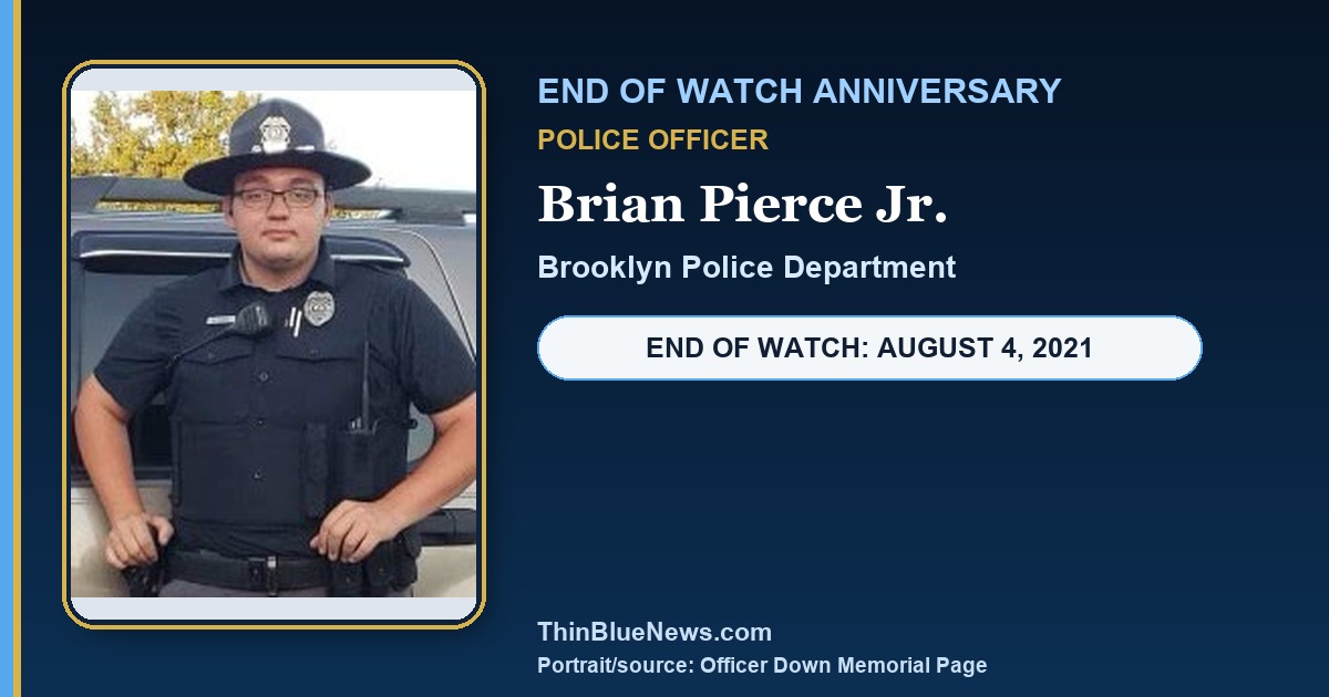 ODMP portrait of Brooklyn Police Officer Brian Pierce Jr. in a dignified ThinBlueNews End of Watch anniversary memorial design