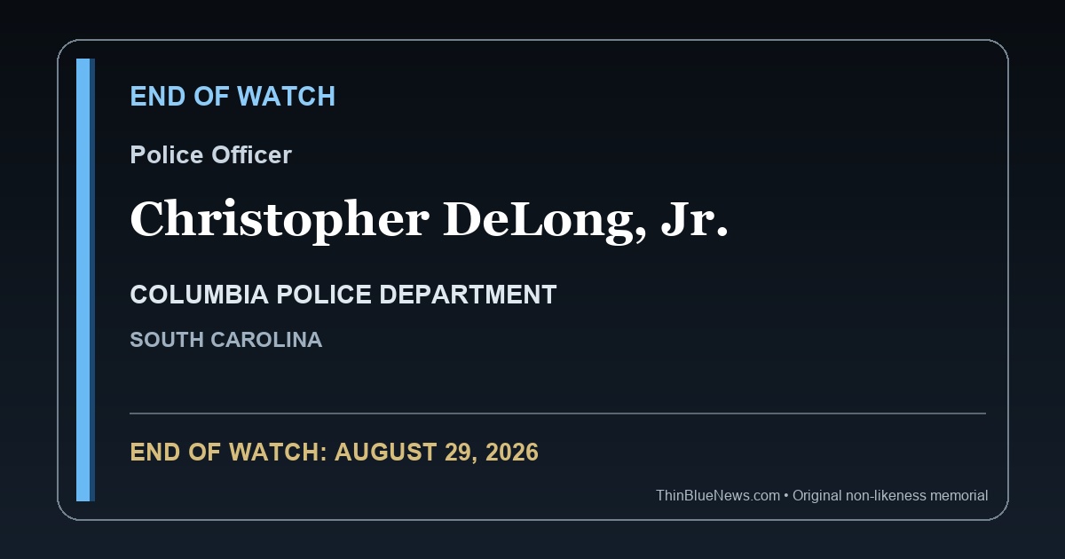 Original ThinBlueNews non-likeness memorial honoring Columbia Police Officer Christopher DeLong, Jr., End of Watch August 29, 2026