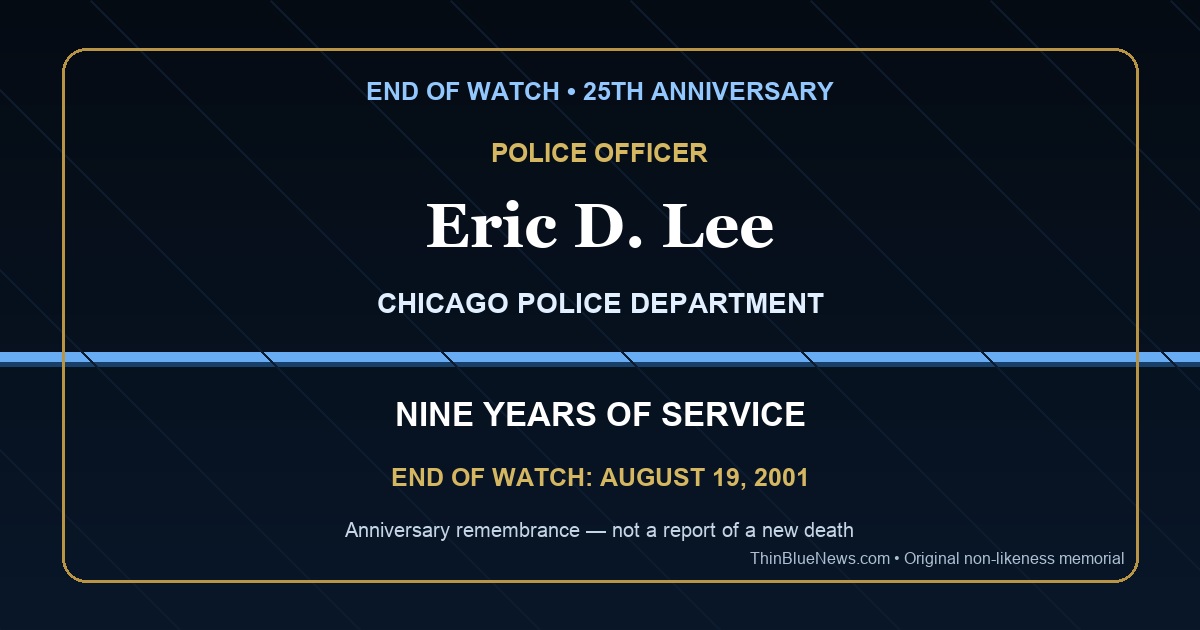 Original ThinBlueNews non-likeness memorial honoring Chicago Police Officer Eric D. Lee on the 25th anniversary of his End of Watch