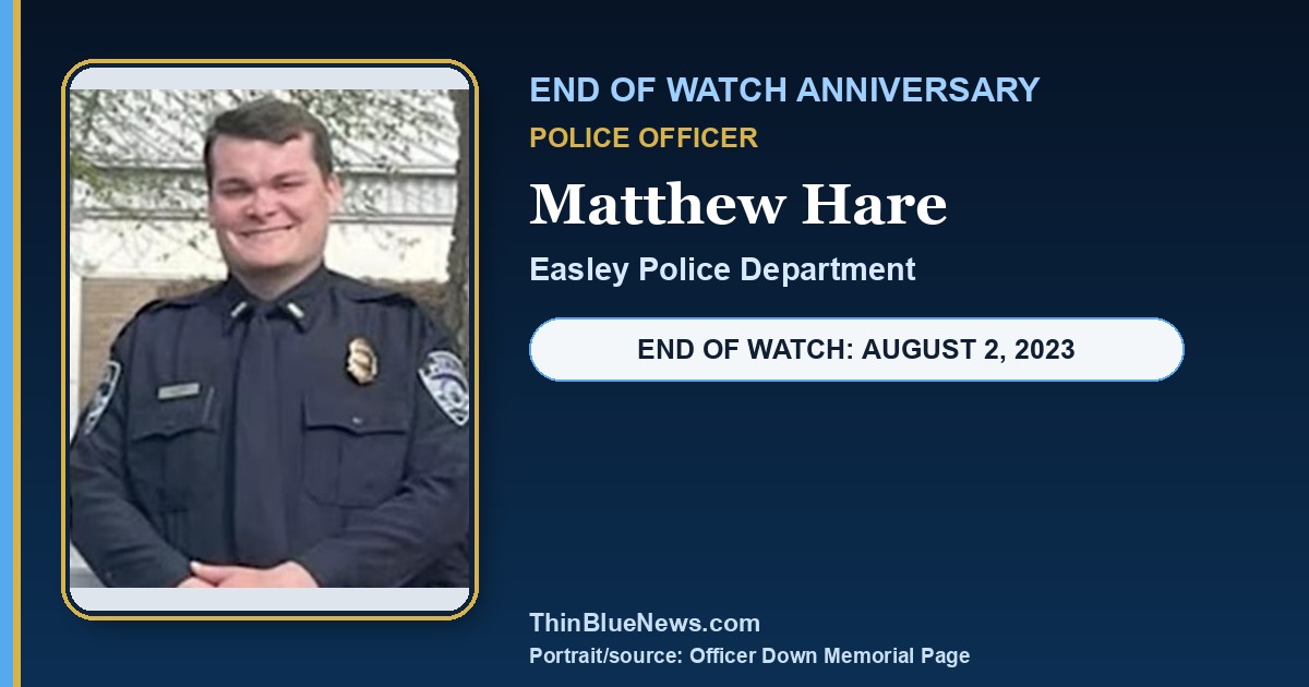 ODMP portrait of Easley Police Officer Matthew Hare in a dignified ThinBlueNews End of Watch anniversary memorial design