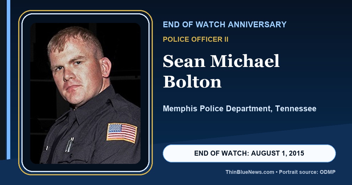 Memorial card honoring Memphis Police Officer Sean Bolton with his ODMP portrait and end-of-watch date of August 1, 2015