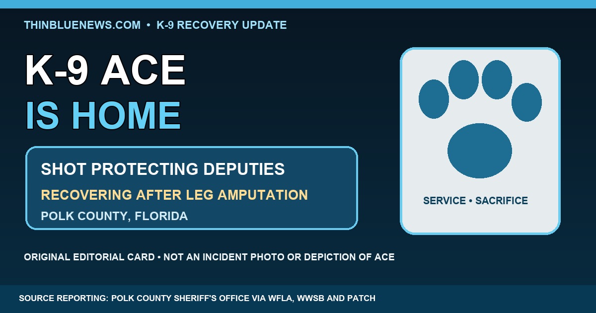ThinBlueNews original editorial K-9 recovery card reading K-9 Ace is home, clearly labeled as not an incident photo or depiction of Ace.