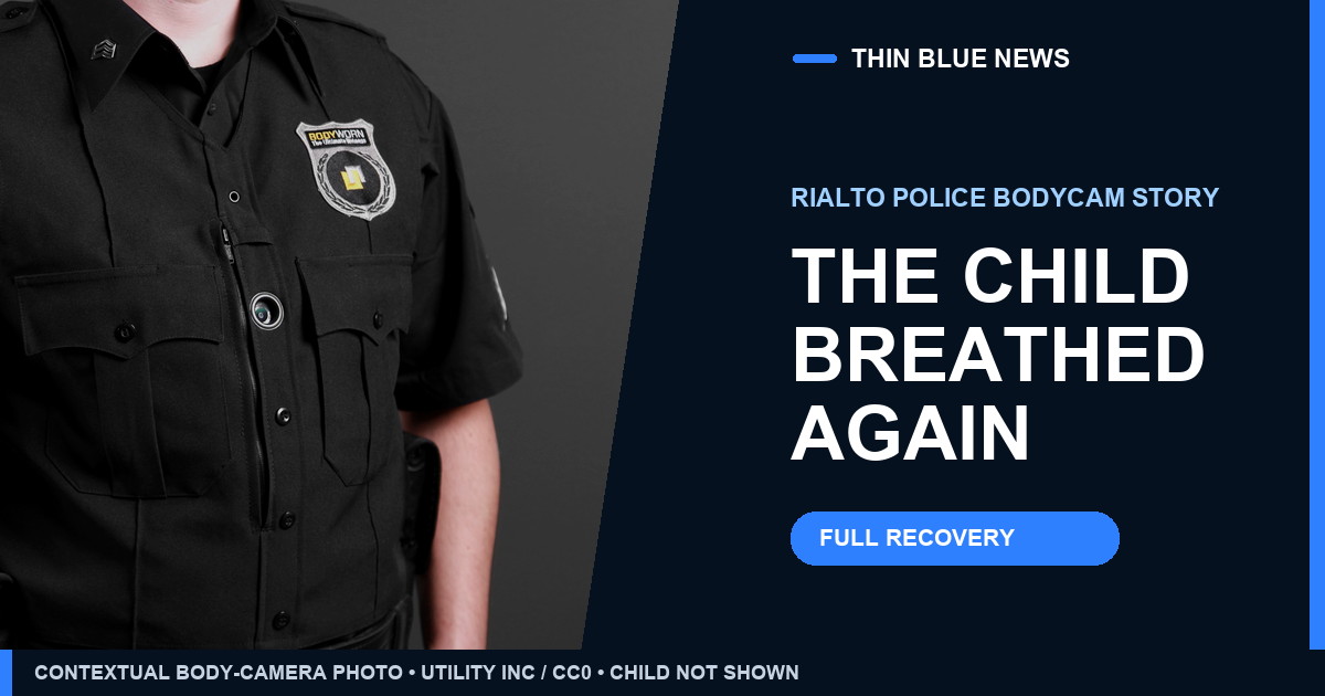 Contextual body-worn camera photo with the headline ‘The child breathed again’; the child, Rialto officers and reported incident are not shown.