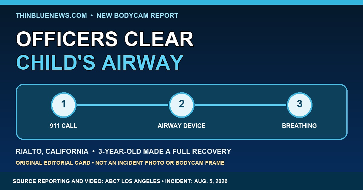 ThinBlueNews original editorial timeline card about Rialto officers helping save a choking 3-year-old, clearly labeled as not an incident photo or bodycam frame.