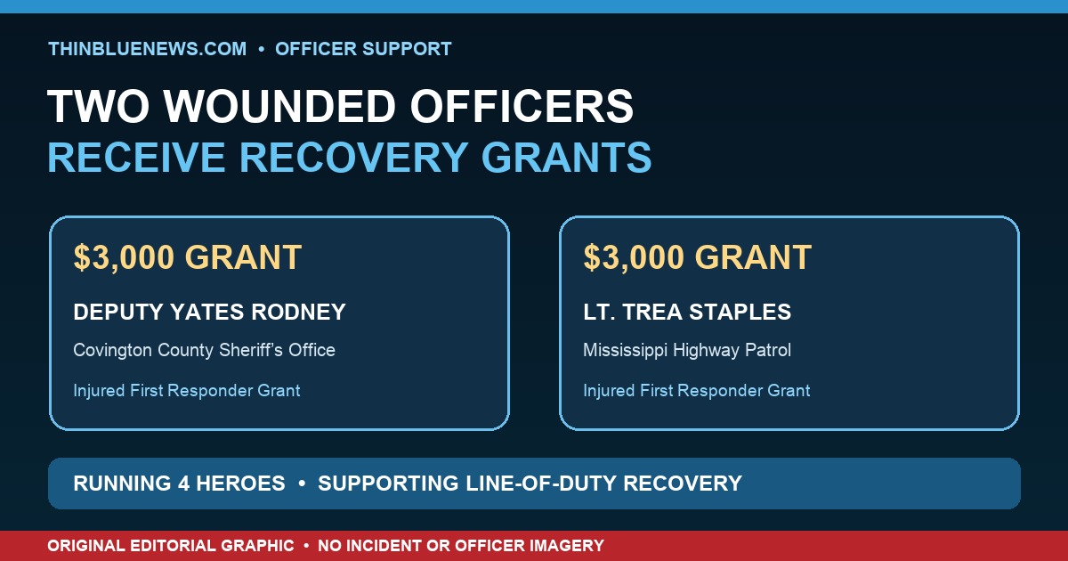 ThinBlueNews original editorial graphic announcing separate $3,000 Running 4 Heroes recovery grants for Deputy Yates Rodney and Lieutenant Trea Staples; no incident or officer imagery is used.