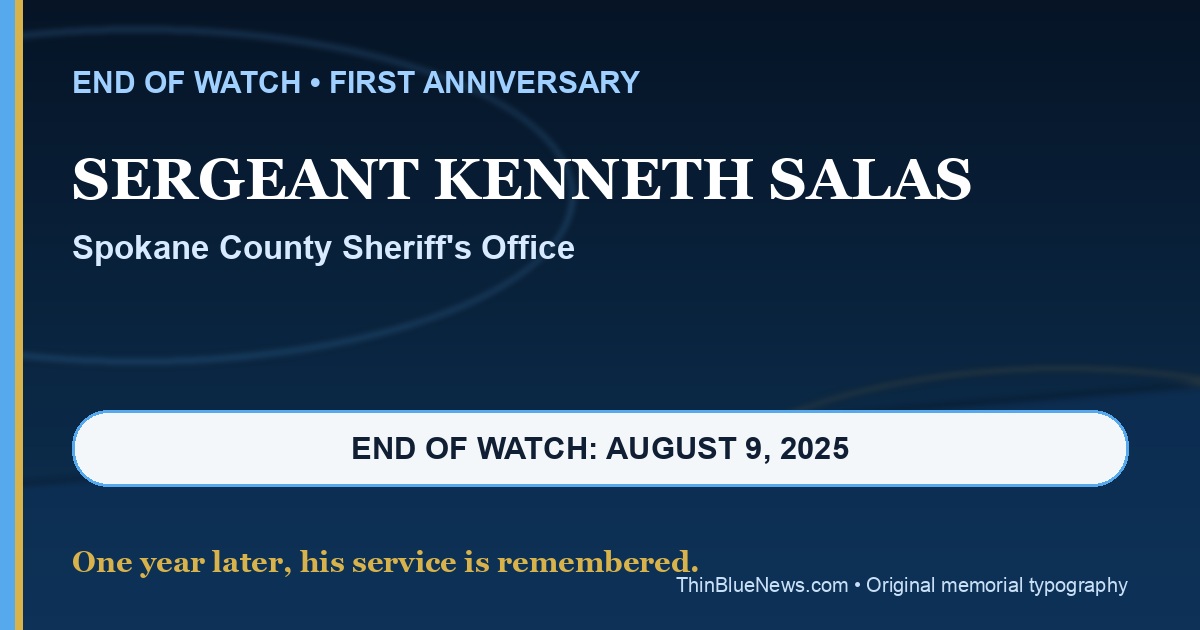 Original ThinBlueNews typography memorial for Spokane County Sheriff's Sergeant Kenneth Salas, marking the first anniversary of his August 9, 2025 End of Watch; no synthetic likeness is used
