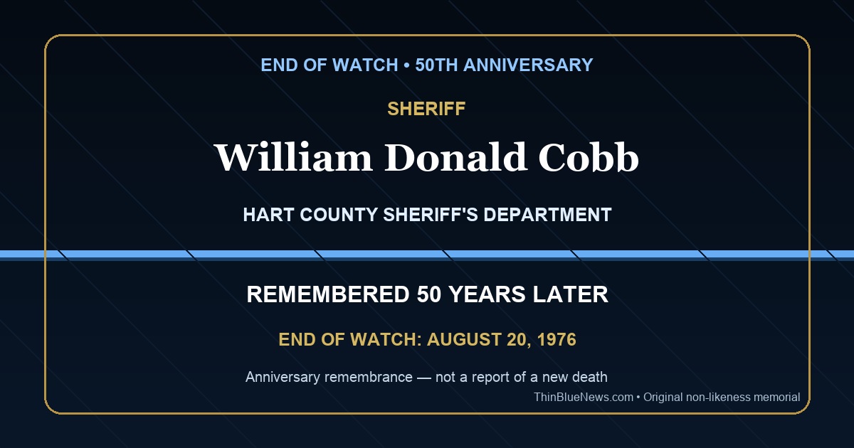 Original ThinBlueNews non-likeness memorial honoring Hart County Sheriff William Donald Cobb on the 50th anniversary of his End of Watch