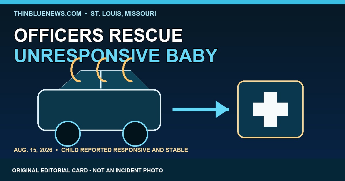 ThinBlueNews original symbolic hot-car and medical-response editorial card for a St. Louis police rescue, clearly labeled as not an incident photo.
