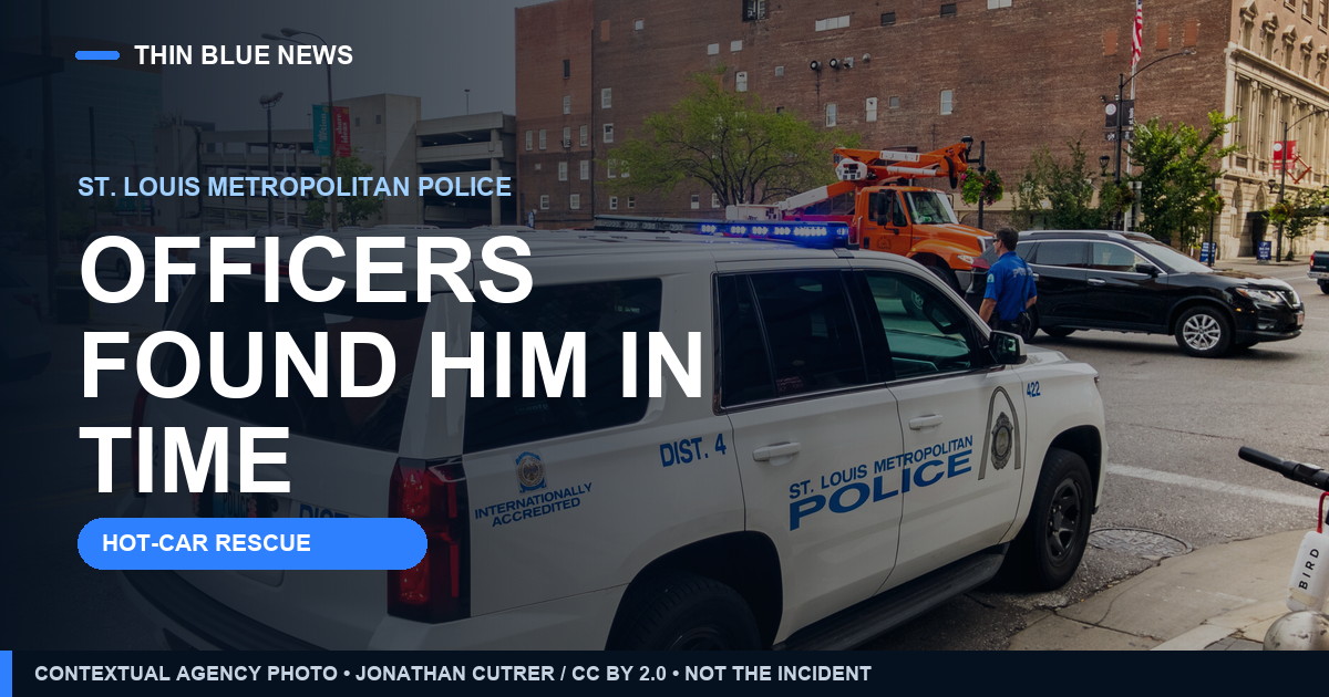 Contextual St. Louis Metropolitan Police vehicle photo with the headline ‘Officers found him in time’; not the vehicle or scene from the reported hot-car rescue.