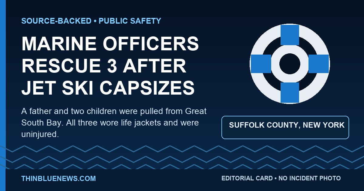 ThinBlueNews editorial card reporting that Suffolk County Police Marine Bureau officers rescued three people after a jet ski capsized; clearly labeled as using no incident photo.