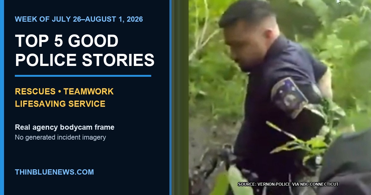 ThinBlueNews Top 5 Good Police Stories card using a true Vernon Police body-camera frame from the rescue of a missing 8-year-old in swampy woods.