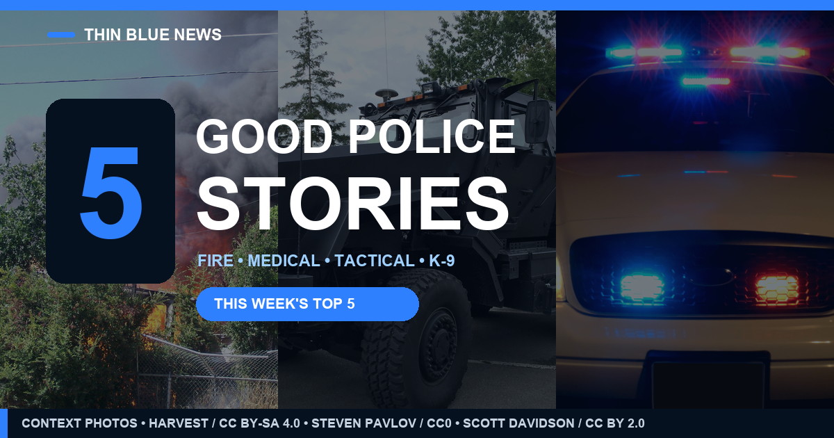 ThinBlueNews Top 5 Good Police Stories cover using a three-photo contextual collage of fire, tactical rescue and police-response imagery.