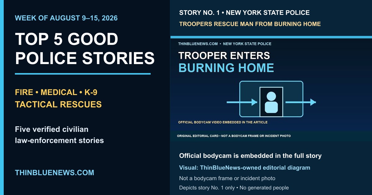 ThinBlueNews Top 5 Good Police Stories card featuring a clearly labeled editorial diagram for the New York State Police Oswegatchie fire rescue.