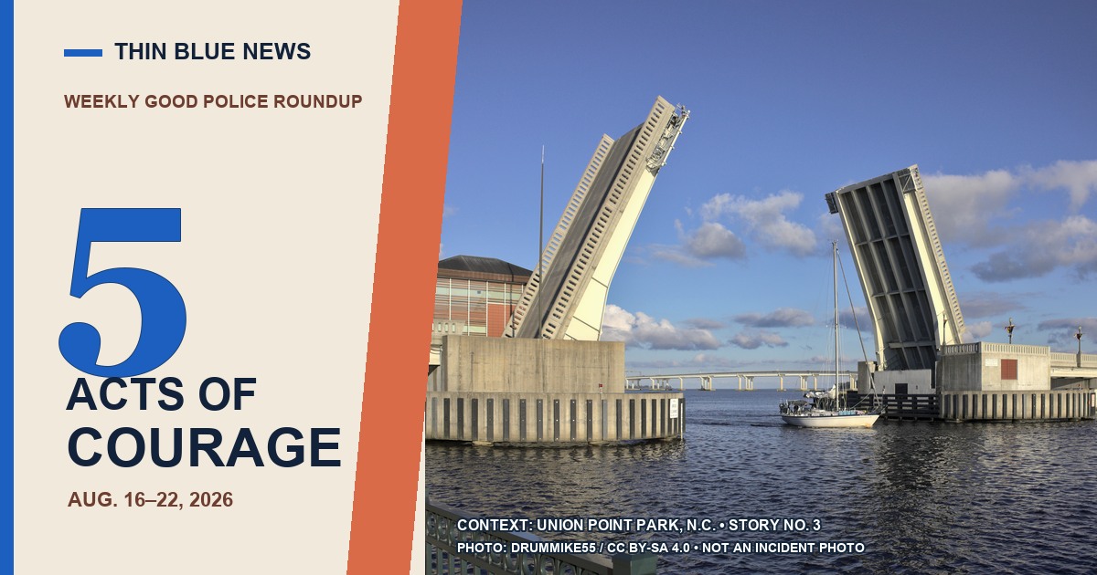 ThinBlueNews Top 5 Good Police Stories cover using a licensed contextual photograph of Union Point Park in New Bern, North Carolina, the location connected to story No. 3.