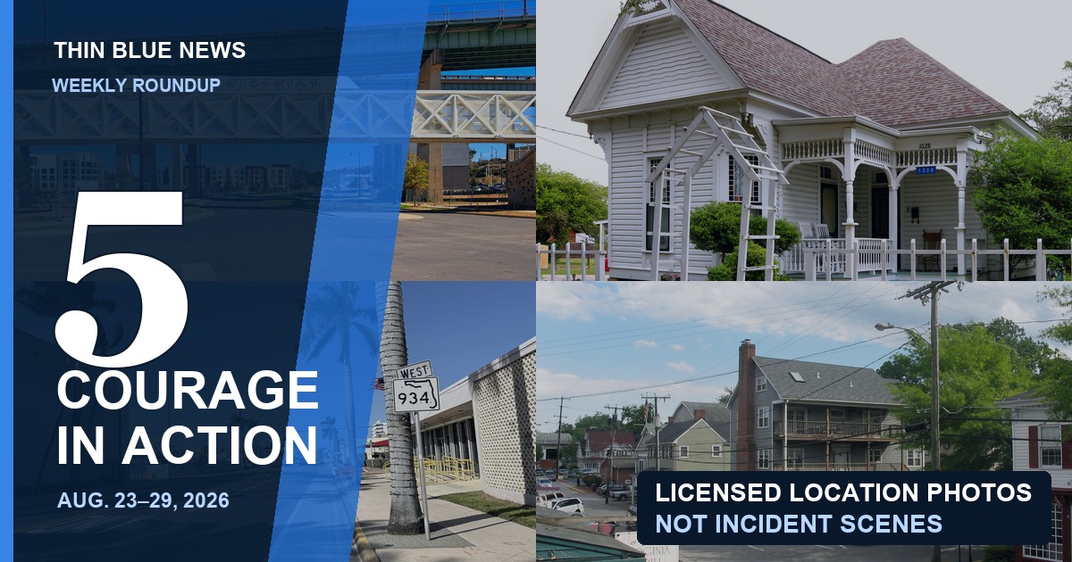 ThinBlueNews Top 5 Good Police Stories cover using four licensed contextual location photographs connected to the Tuscaloosa, Rockport, Miami Beach and Occoquan stories.