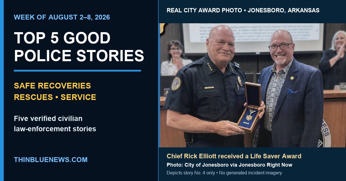 ThinBlueNews Top 5 Good Police Stories card featuring the real City of Jonesboro award photo of Police Chief Rick Elliott and Mayor Harold Copenhaver.