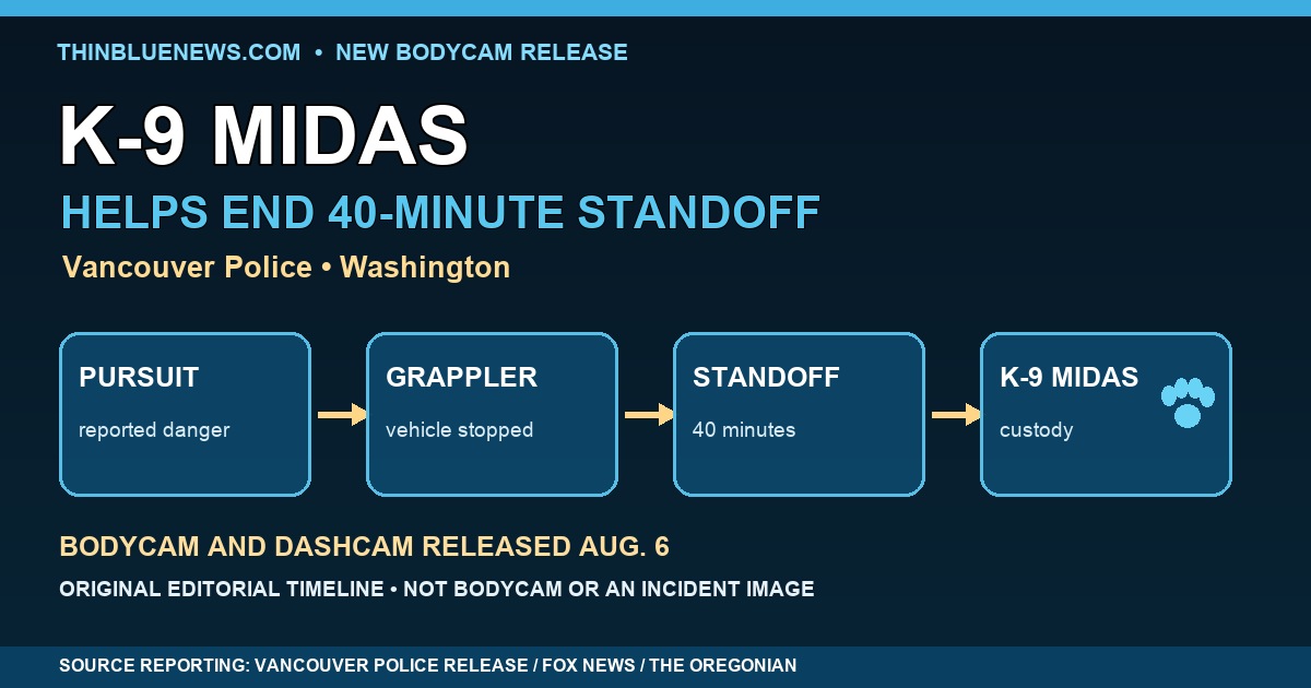 ThinBlueNews original editorial timeline showing pursuit, Grappler stop, 40-minute standoff and K-9 Midas custody stages, labeled as not bodycam or an incident image.