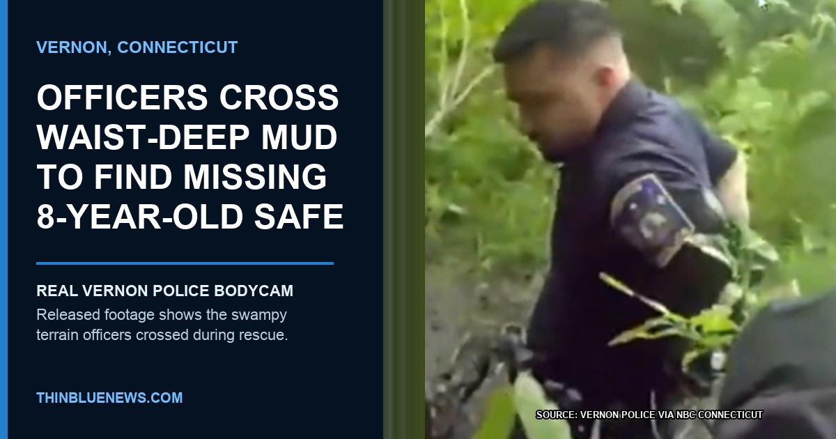 Vernon Police body-camera footage showing an officer moving through dense swamp vegetation during the rescue of a missing 8-year-old; the child's face is not visible.
