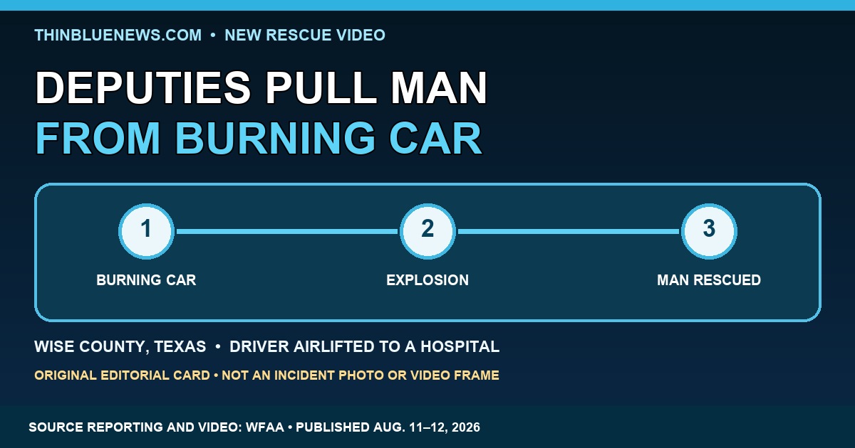 ThinBlueNews original editorial timeline card about Wise County deputies rescuing a man from a burning car, clearly labeled as not an incident photo or video frame.