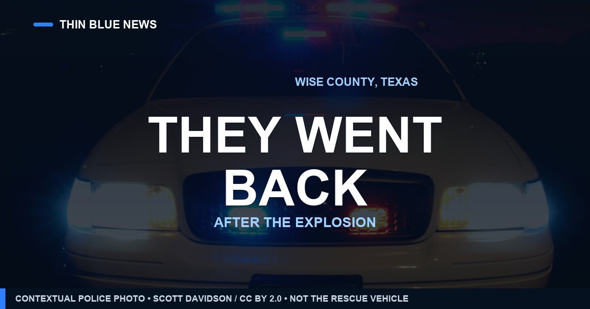 Contextual police emergency-light photo with the headline ‘They went back after the explosion’; not the Wise County rescue vehicle or a video frame.