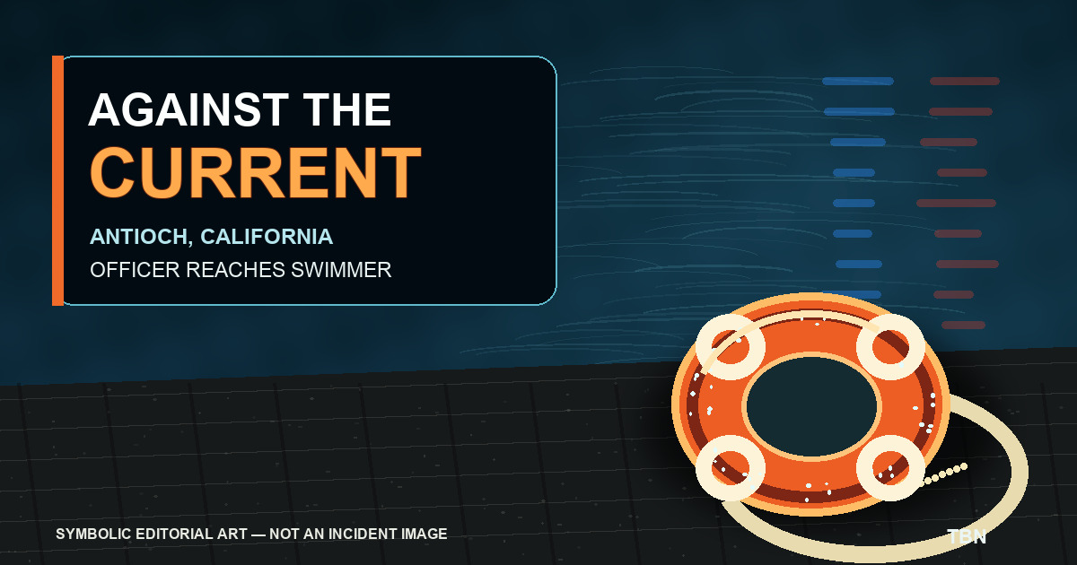 Symbolic ThinBlueNews editorial artwork showing an orange rescue ring and rope beside moving water, labeled Against the Current and Antioch, California; not an incident image