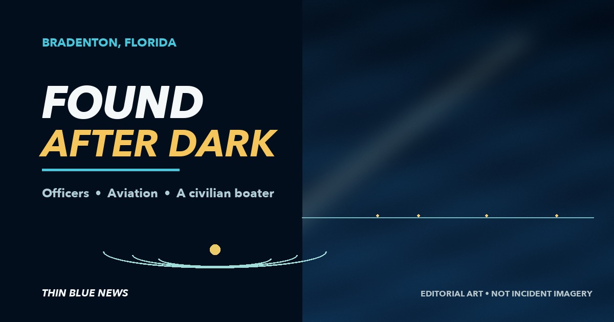 ThinBlueNews editorial artwork showing a searchlight across dark water with the words Found After Dark; not an image of the Bradenton rescue