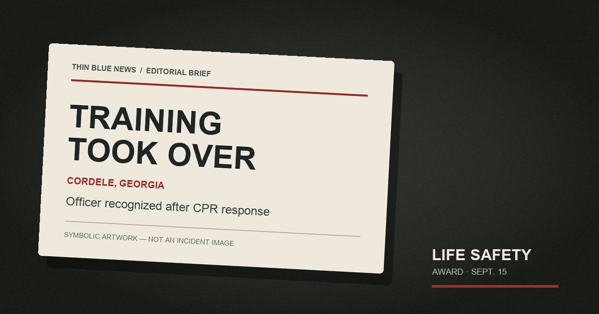 ThinBlueNews symbolic editorial briefing sheet with the words Training Took Over for a Cordele officer CPR recognition story; not an incident image