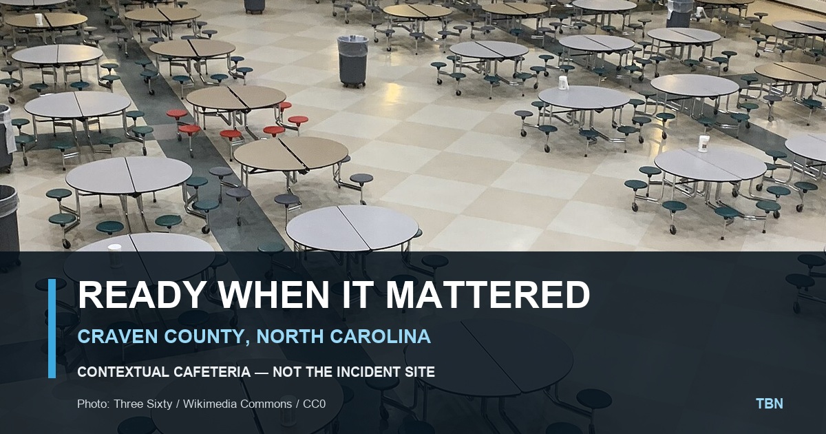 An empty school cafeteria used as contextual photography with the words Ready When It Mattered; the image is labeled as not the incident site.
