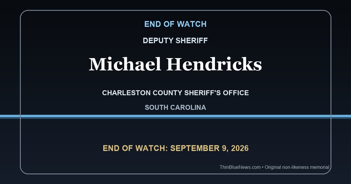 Original ThinBlueNews non-likeness memorial honoring Charleston County Deputy Sheriff Michael Hendricks, End of Watch September 9, 2026