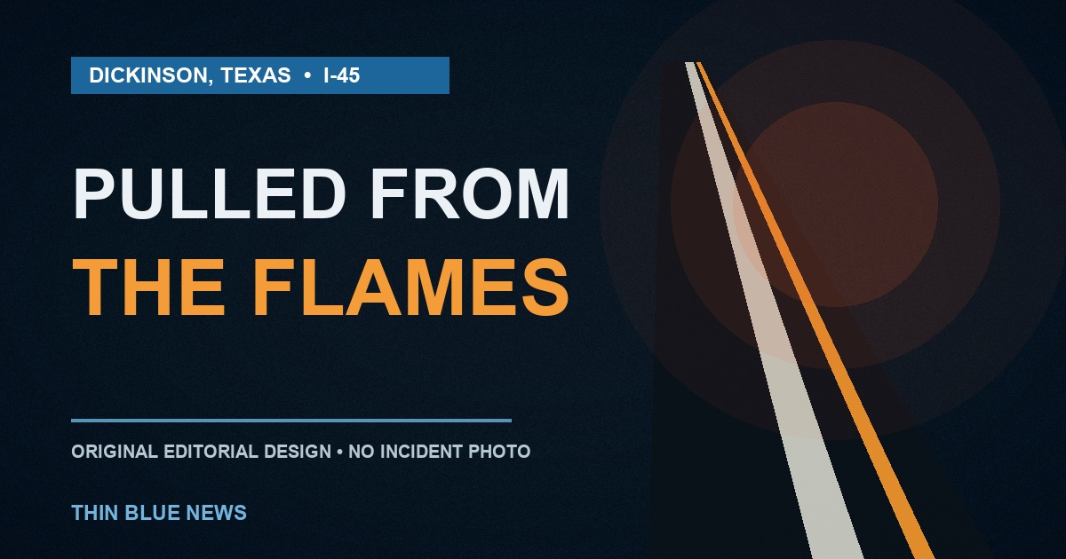 ThinBlueNews original abstract editorial design with a dark highway vanishing point and the words Pulled From the Flames; no incident photograph is used.
