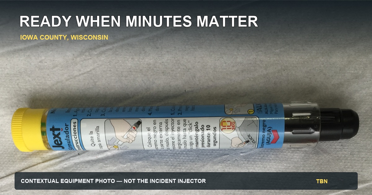 Contextual licensed photograph of epinephrine auto-injectors with the words Ready When Minutes Matter; the image does not show the Iowa County incident or the injector used.