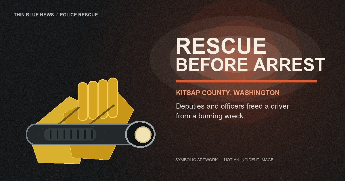 ThinBlueNews symbolic editorial still life showing generic rescue gloves and a flashlight on scorched pavement with the words Rescue Before Arrest; not an incident image
